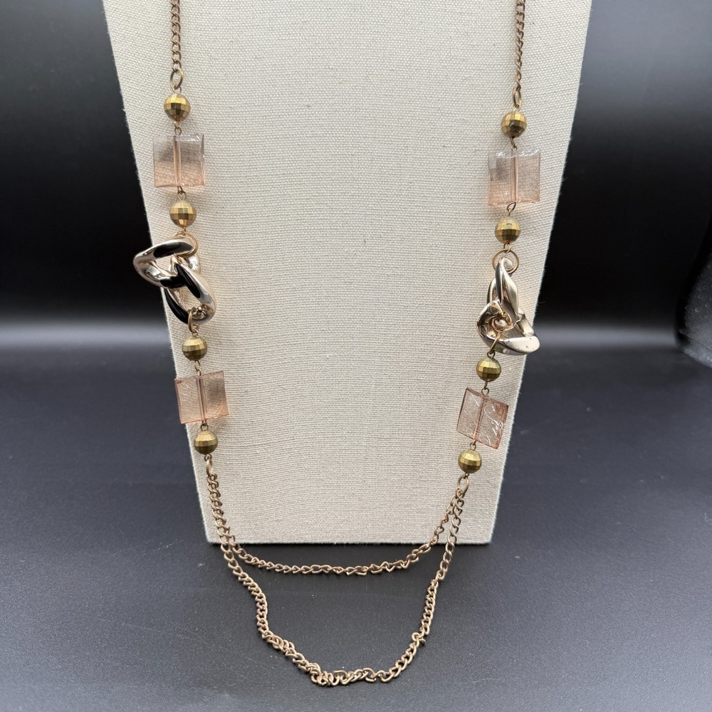 Gold Tone Long Chain Necklace Pink Lucite Beads Black Enamel Links Layered Boho
